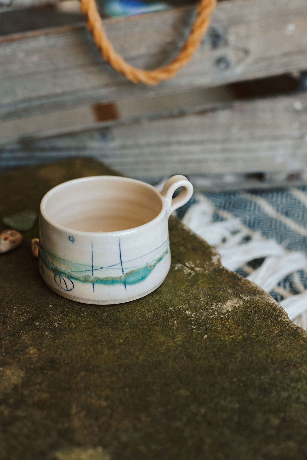 Ceramic handmade tea light cup - Glazed in pale sea colours
