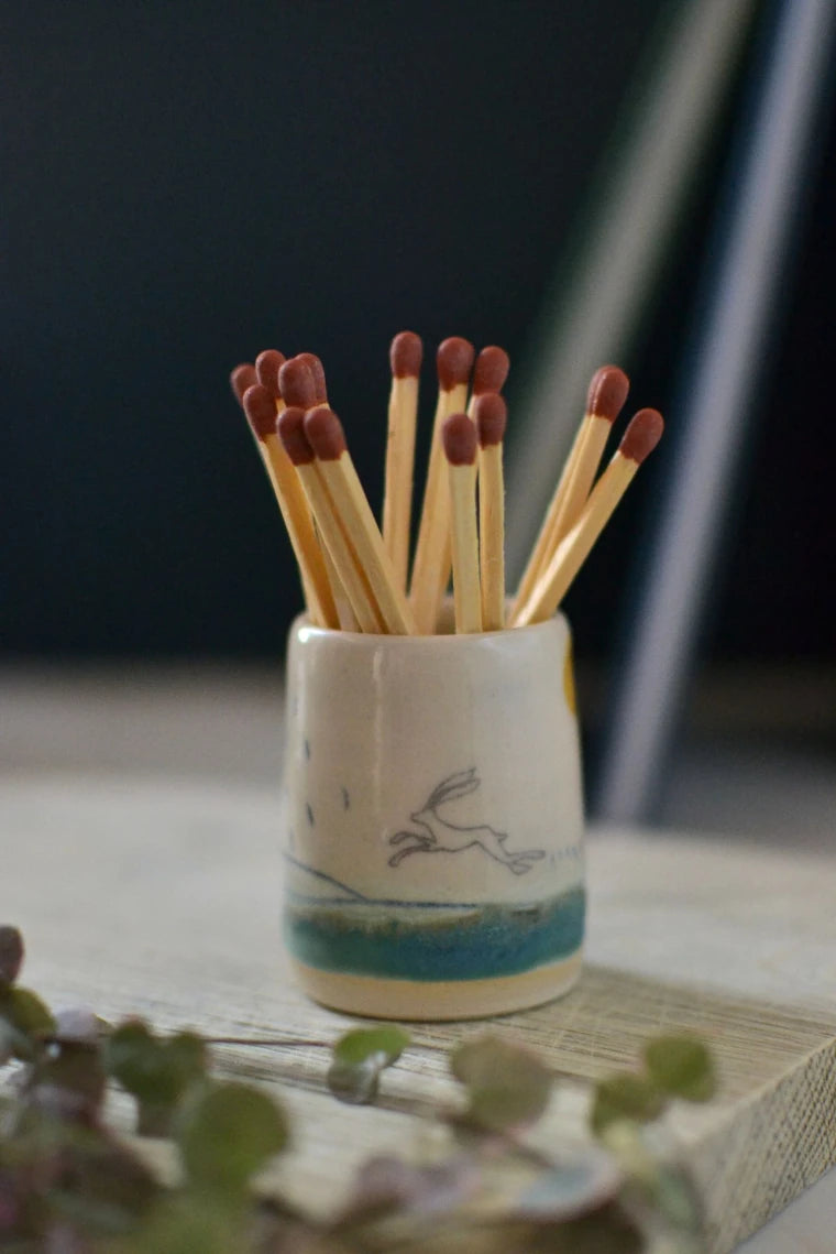 Ceramic handmade striker pot complete with matches - Hare design