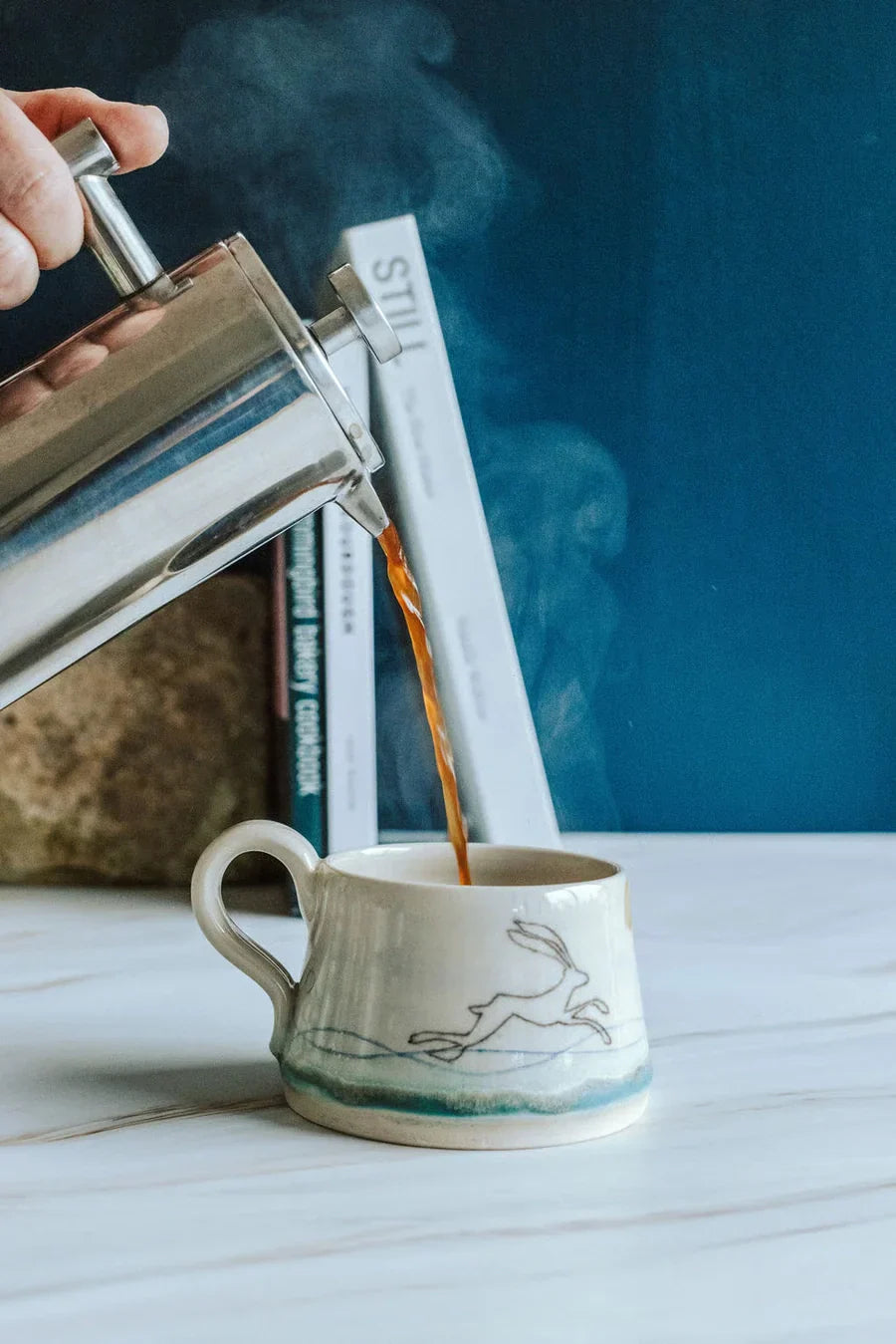 Hare cup - handmade white stoneware mug - lorna gilbert ceramics