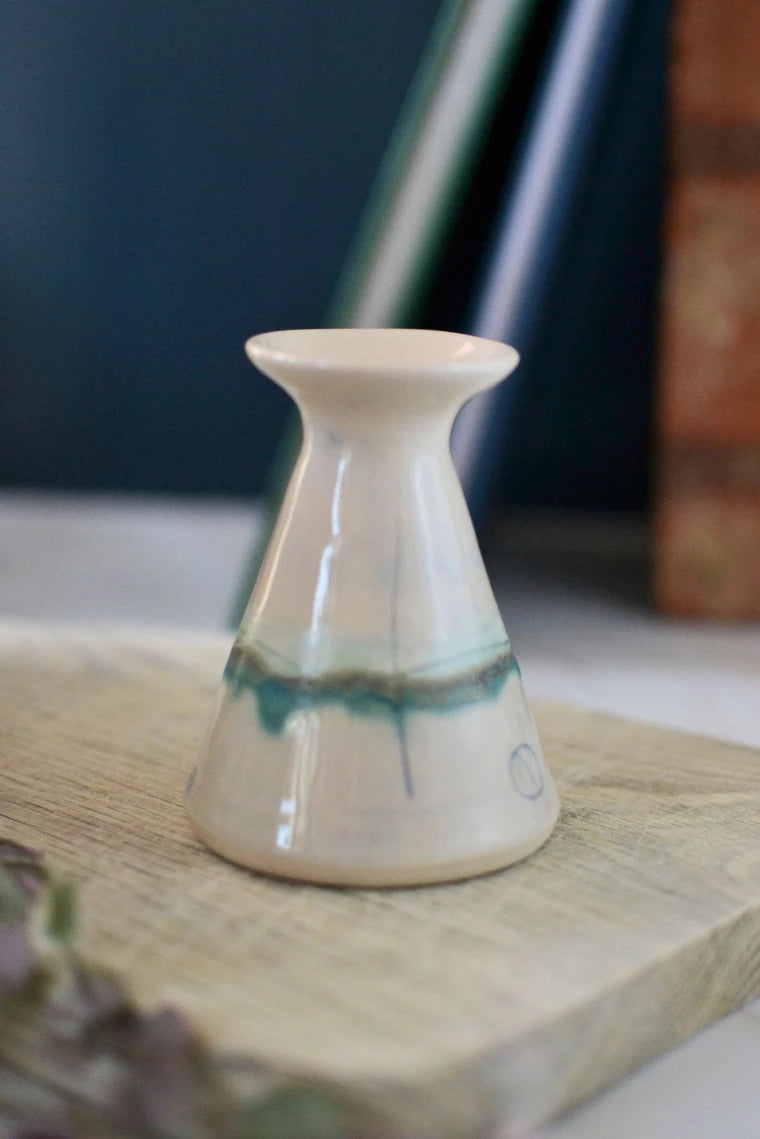 Handmade ceramic flared bud vase - glazed in pale sea colours