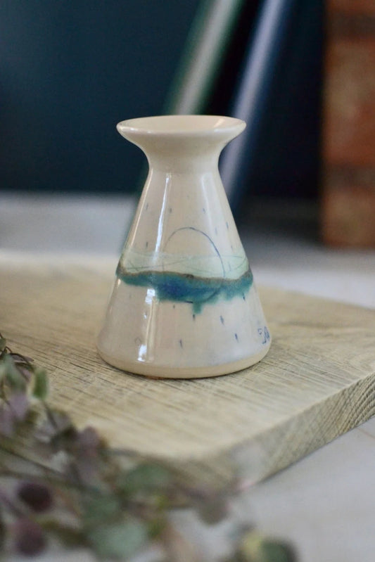 Handmade ceramic flared bud vase - glazed in pale sea colours