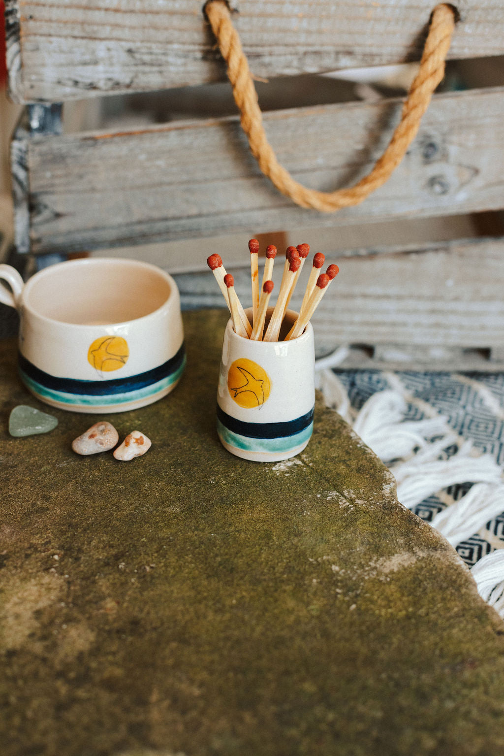 Ceramic handmade tea light cup - Golden Swift design