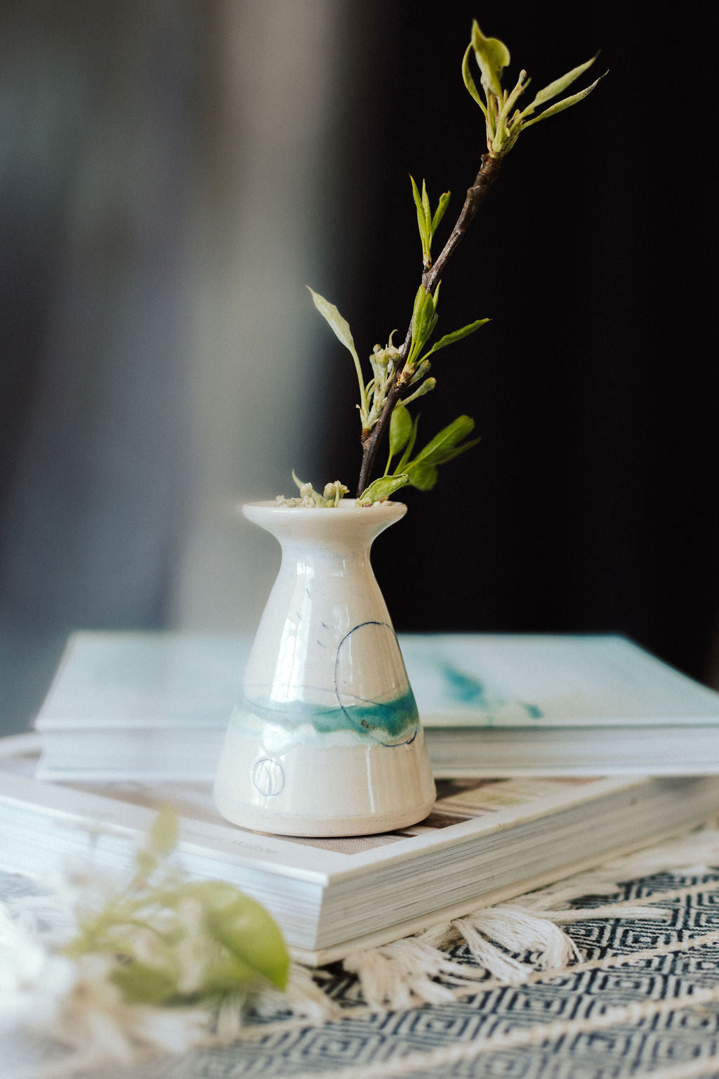 Handmade ceramic flared bud vase - glazed in pale sea colours