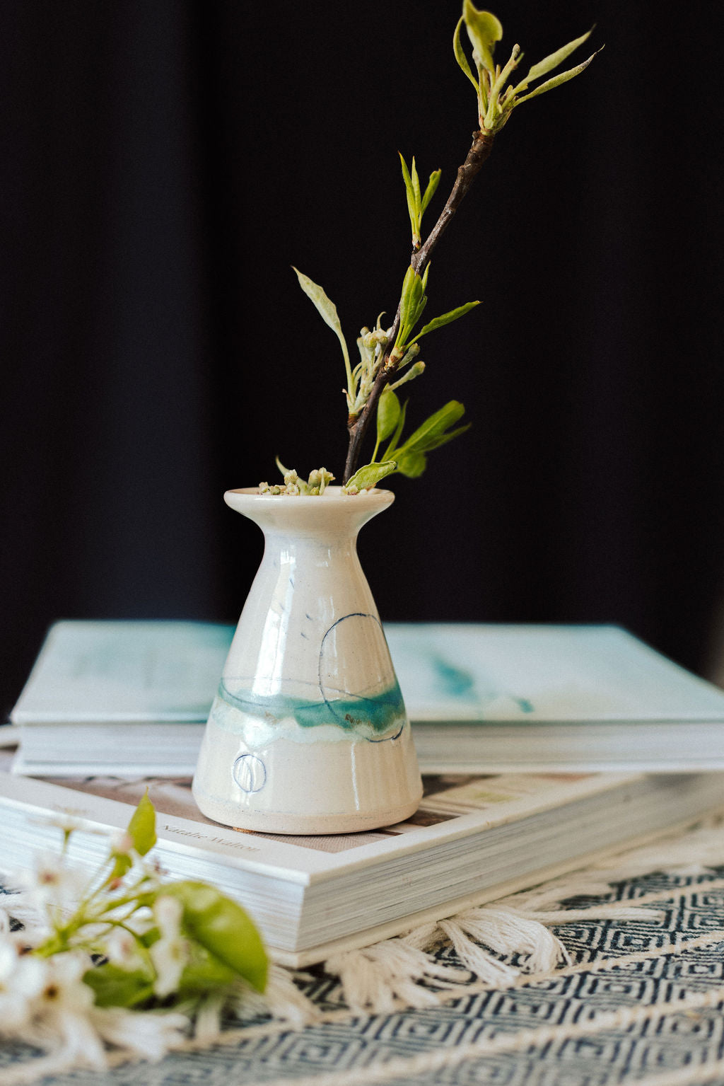 Handmade ceramic flared bud vase - glazed in pale sea colours