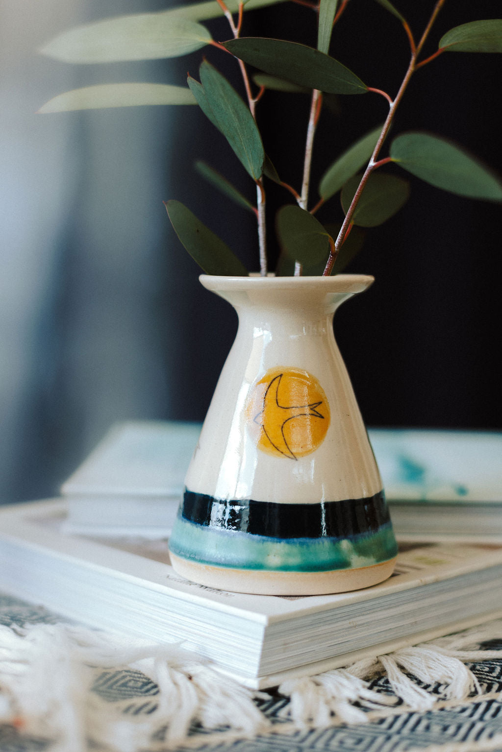Handmade ceramic flared flower vase - decorated with a golden sun and Swift
