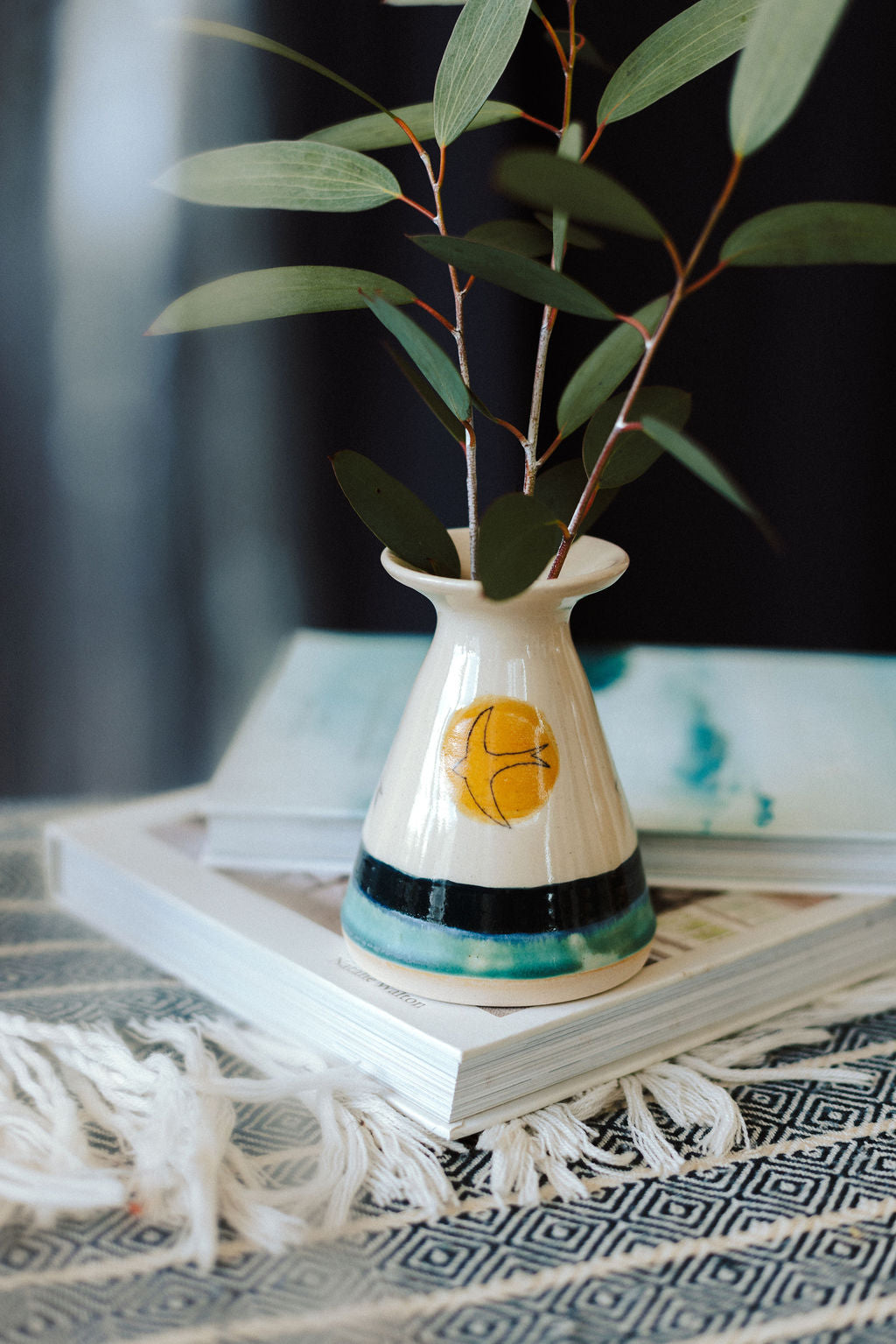 Handmade ceramic flared flower vase - decorated with a golden sun and Swift