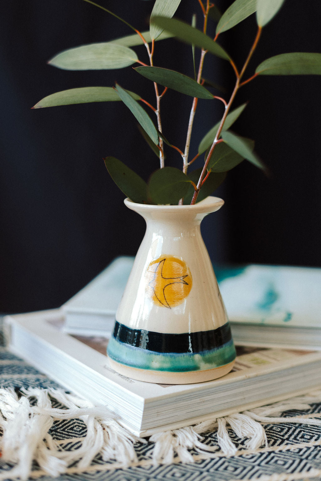 Handmade ceramic flared flower vase - decorated with a golden sun and Swift