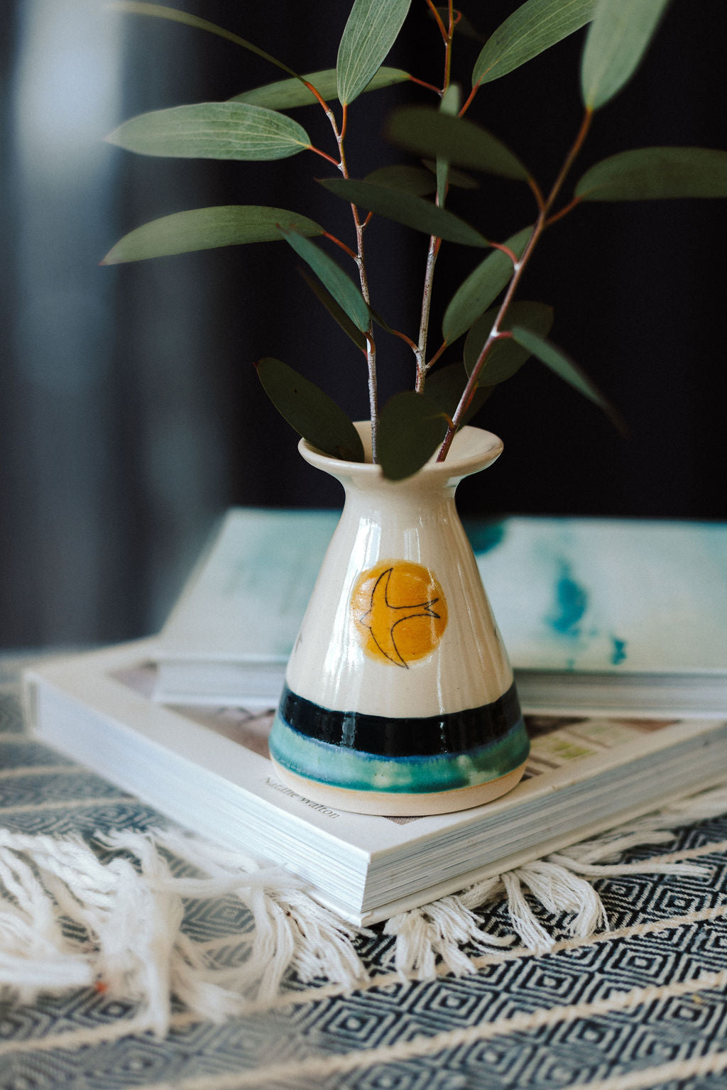 Handmade ceramic flared flower vase - decorated with a golden sun and Swift