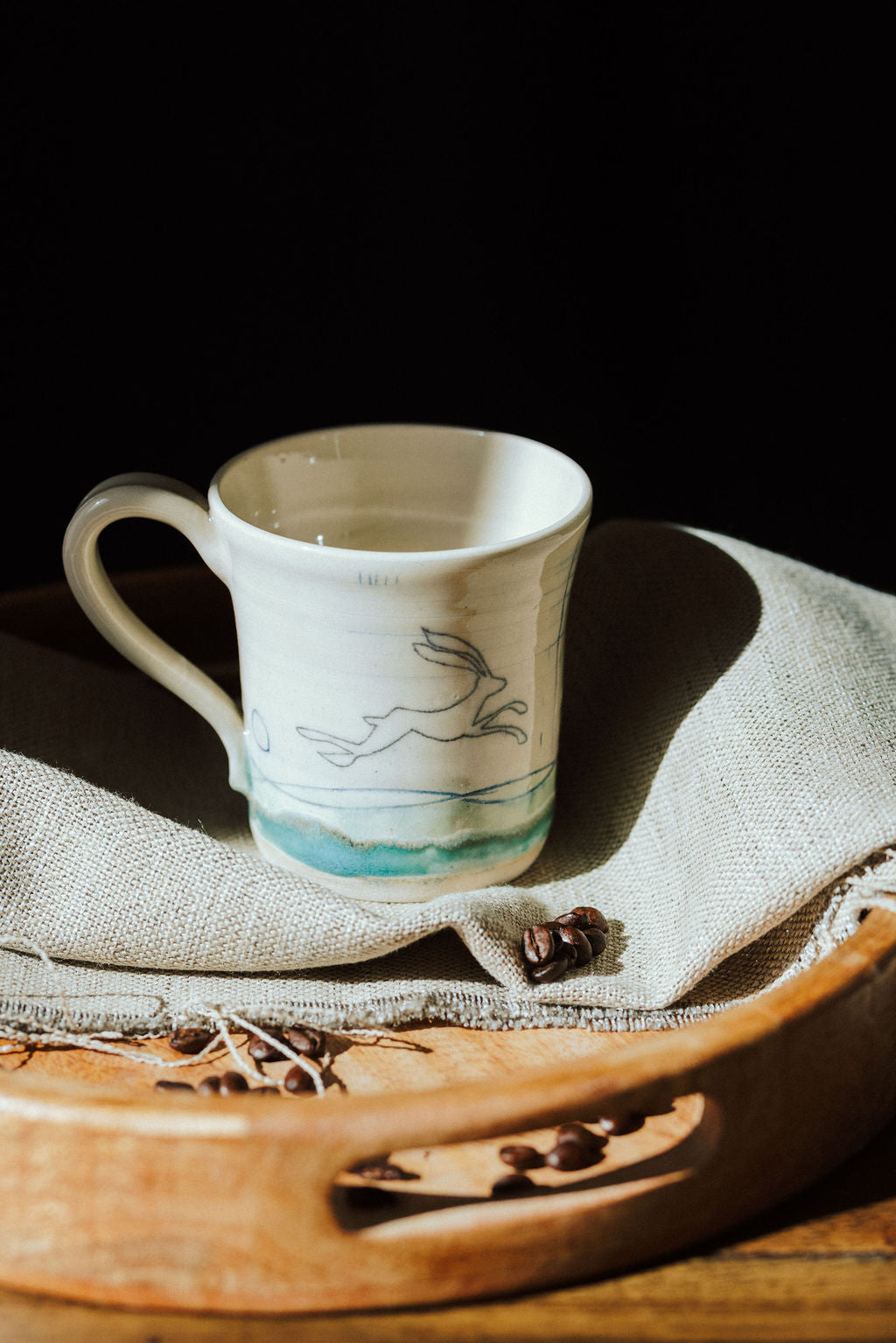 Ceramic handmade stoneware mug - Hare mustard moon design