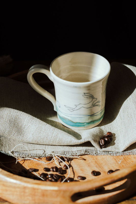 Ceramic handmade stoneware mug - Hare mustard moon design