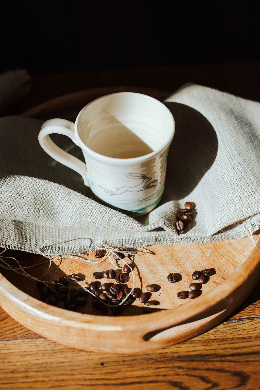 Ceramic handmade stoneware mug - Hare mustard moon design