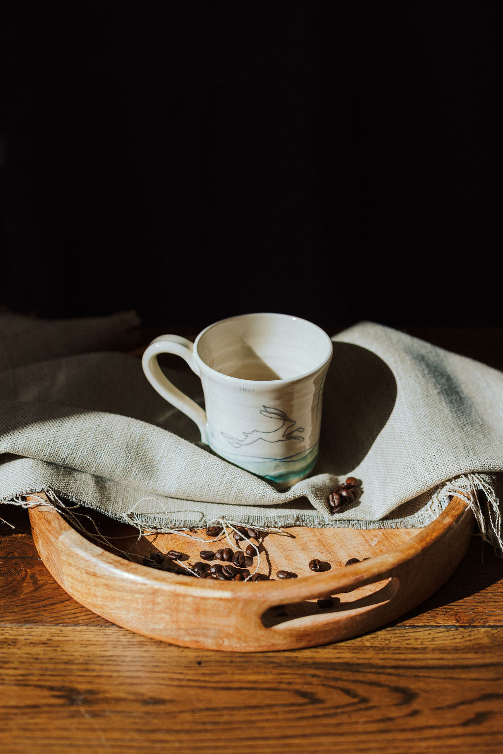 Ceramic handmade stoneware mug - Hare mustard moon design