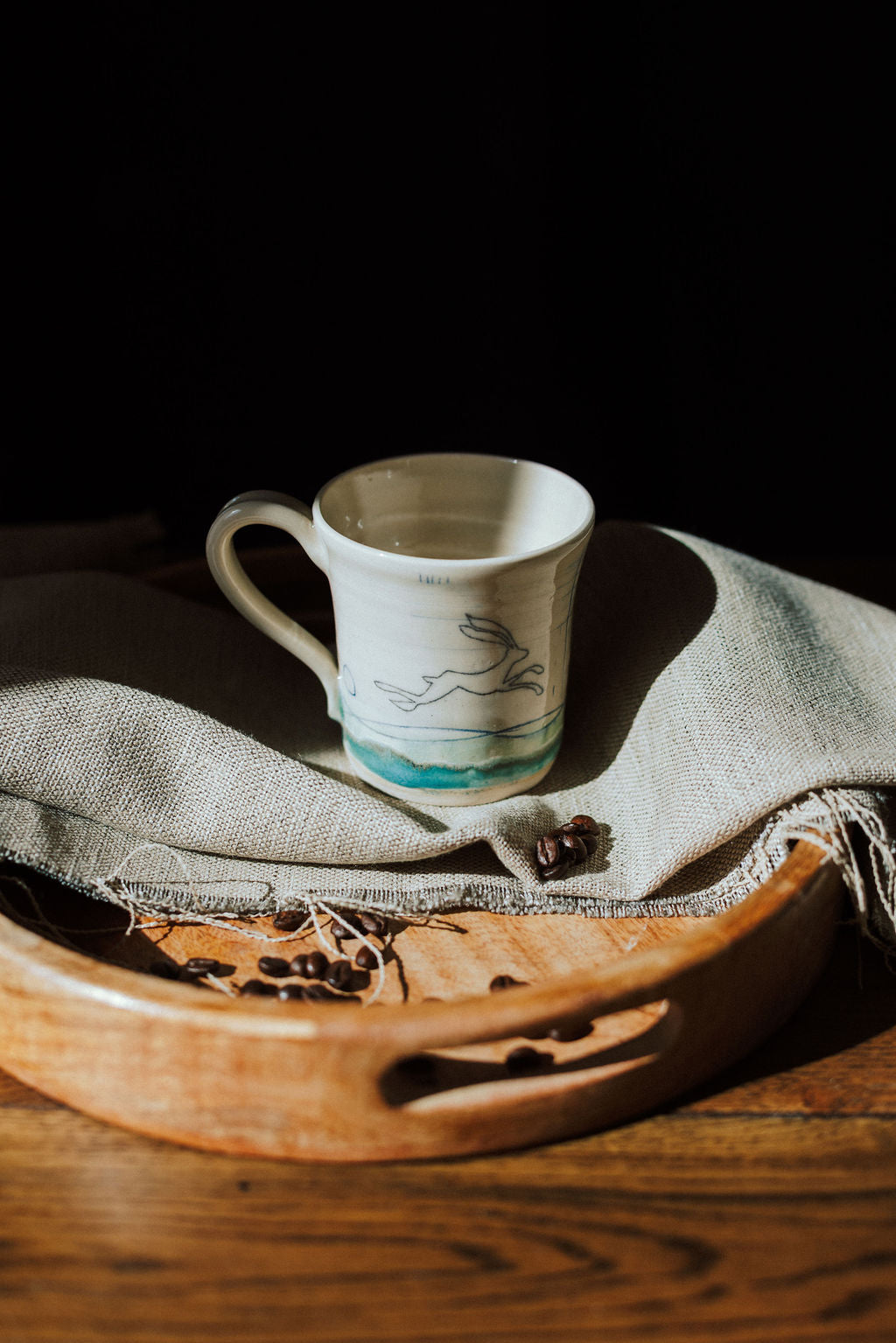 Ceramic handmade stoneware mug - Hare mustard moon design