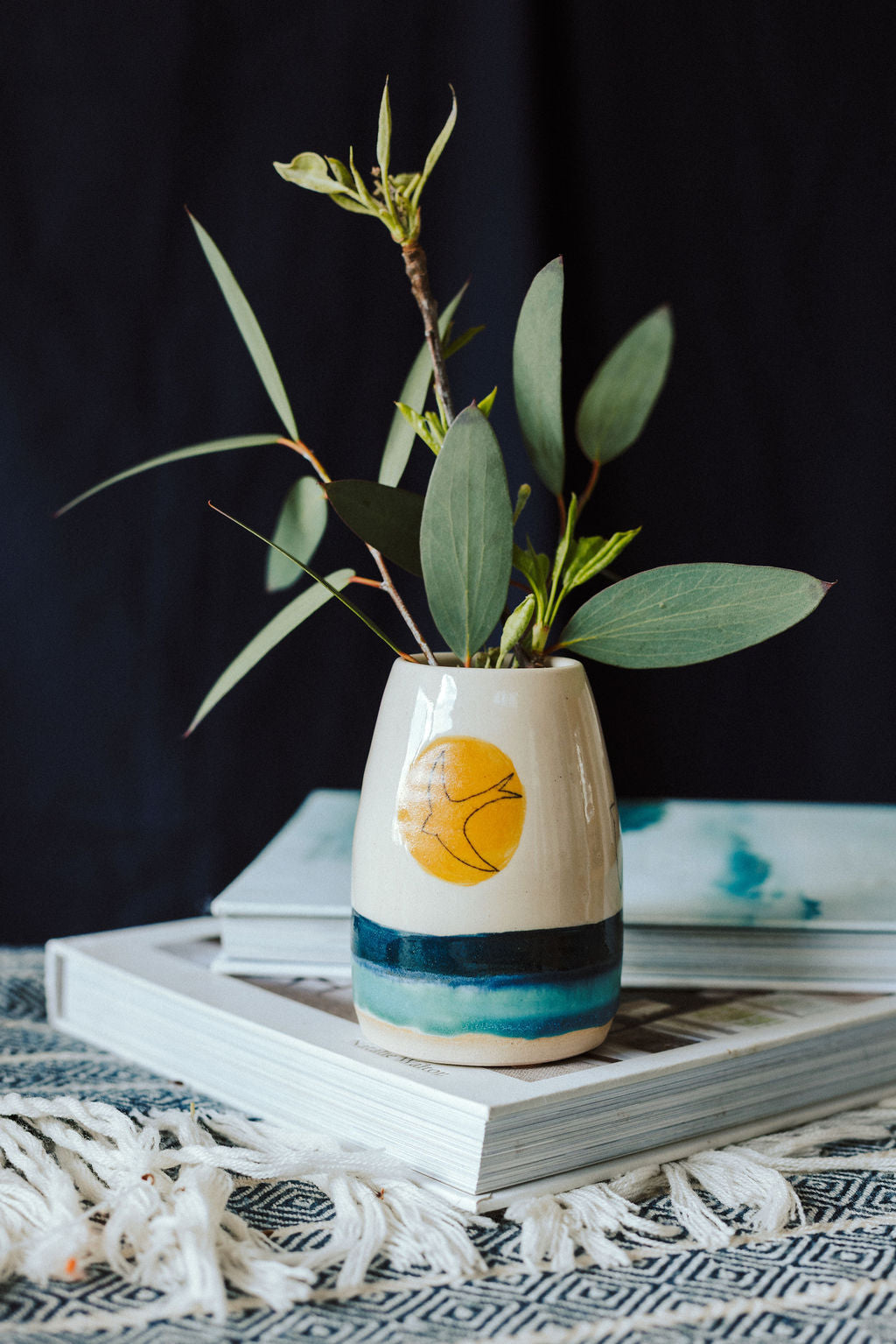 Handmade ceramic posy vase - decorated with a golden sun and Swift