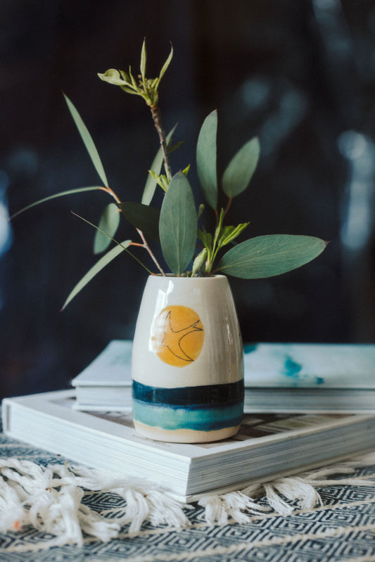 Handmade ceramic posy vase - decorated with a golden sun and Swift