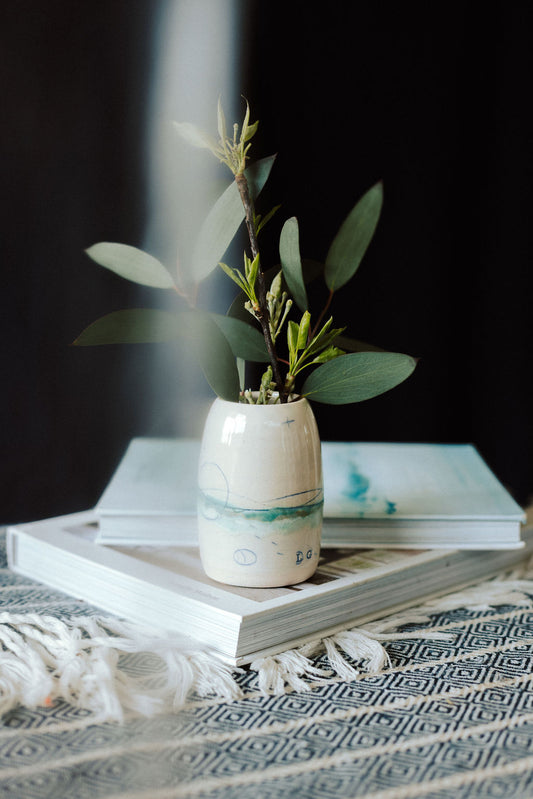 Handmade ceramic posy vase - decorated with sea inspired colours greens and blues