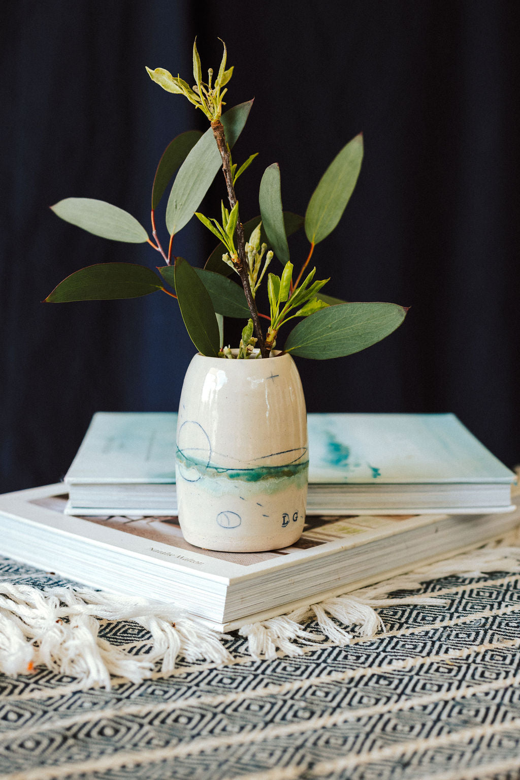Handmade ceramic posy vase - decorated with sea inspired colours greens and blues