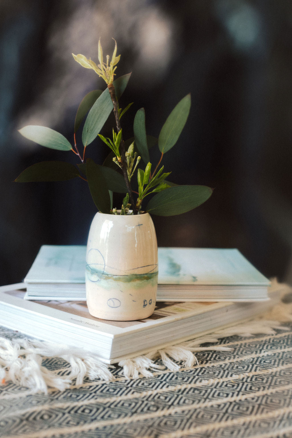 Handmade ceramic posy vase - decorated with sea inspired colours greens and blues