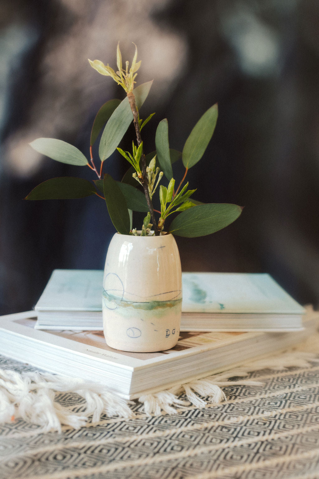 Handmade ceramic posy vase - decorated with sea inspired colours greens and blues