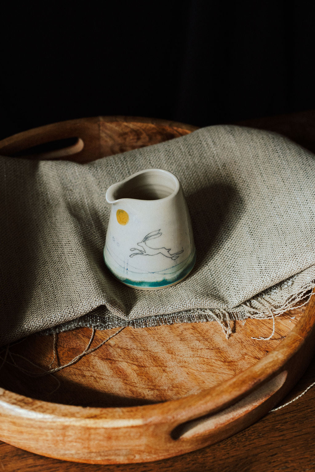 Ceramic handmade pourer jug - Hare mustard moon
