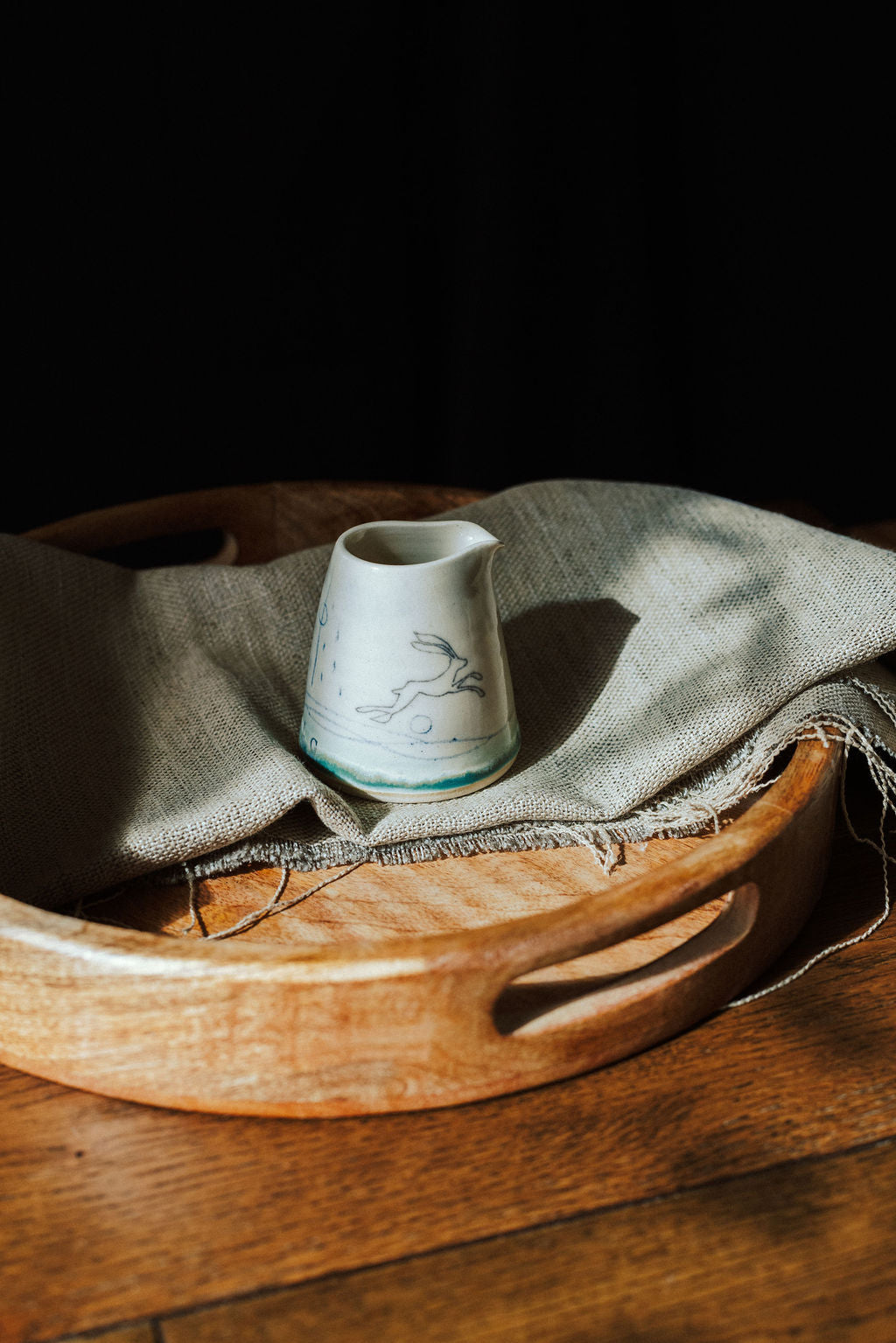 Ceramic handmade pourer jug - Hare mustard moon