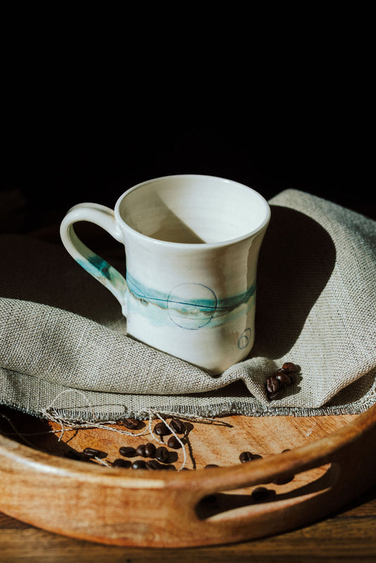 Ceramic handmade stoneware mug - glazed in pale sea inspired colours