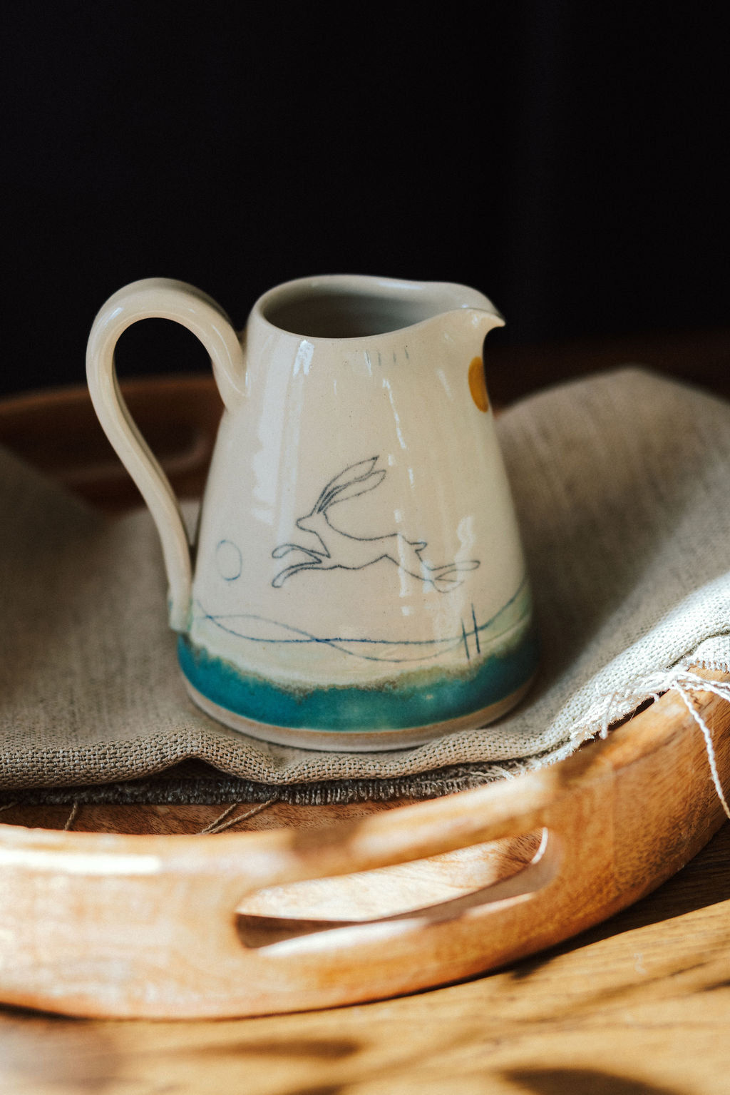 Handmade ceramic medium jug - Hare mustard moon design