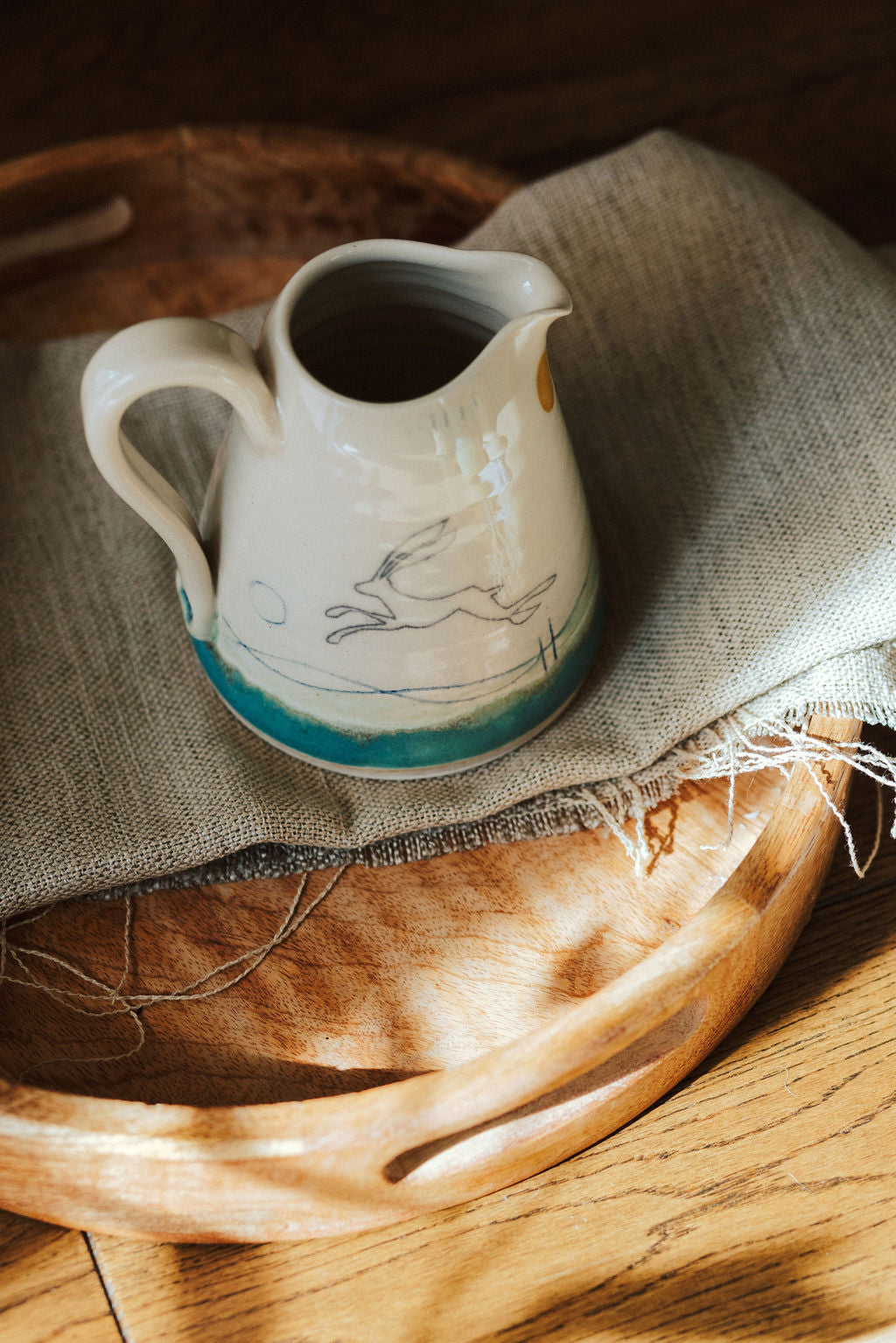 Handmade ceramic medium jug - Hare mustard moon design