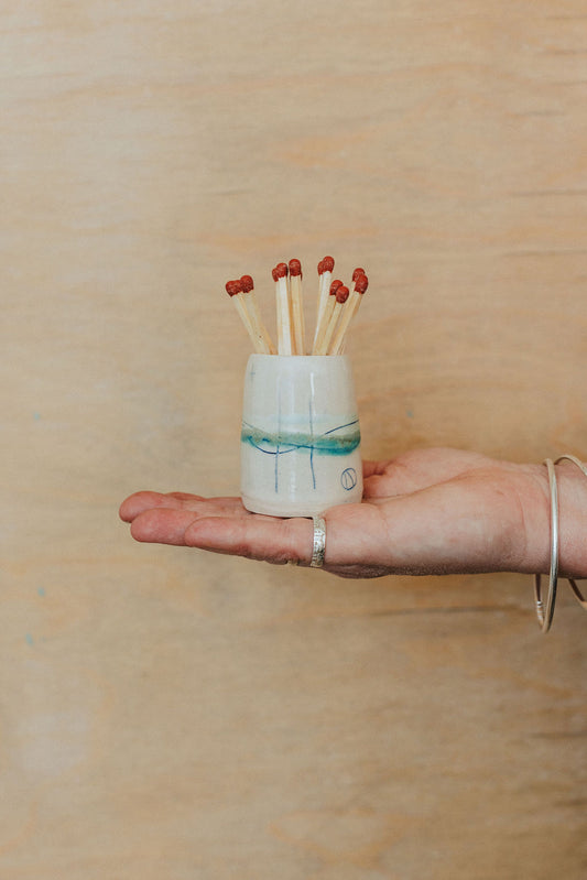 Ceramic handmade striker pot complete with matches - Seascape design