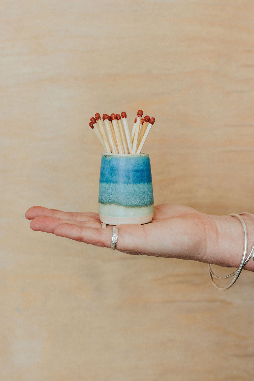 Ceramic handmade striker pot complete with matches - glazed in turquoise and greens