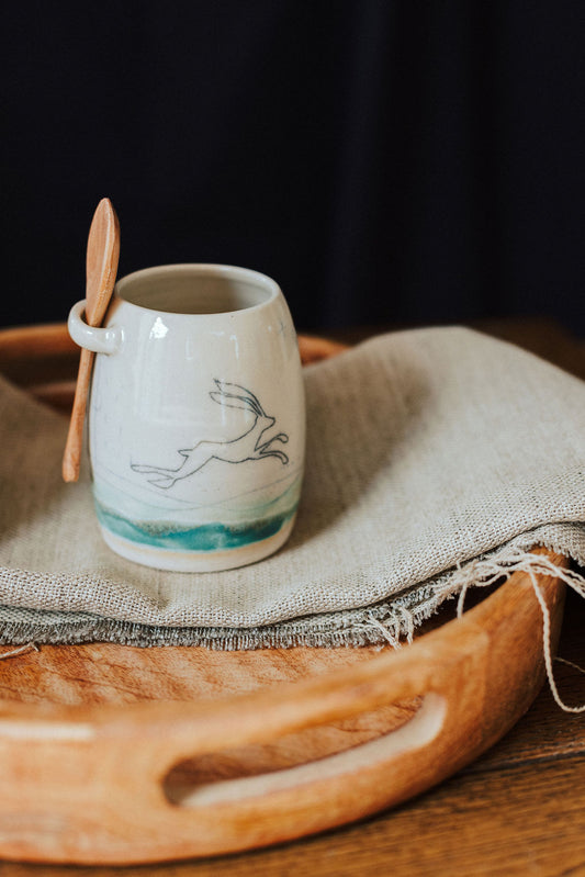 Ceramic handmade sugar bowl & spoon - Hare design