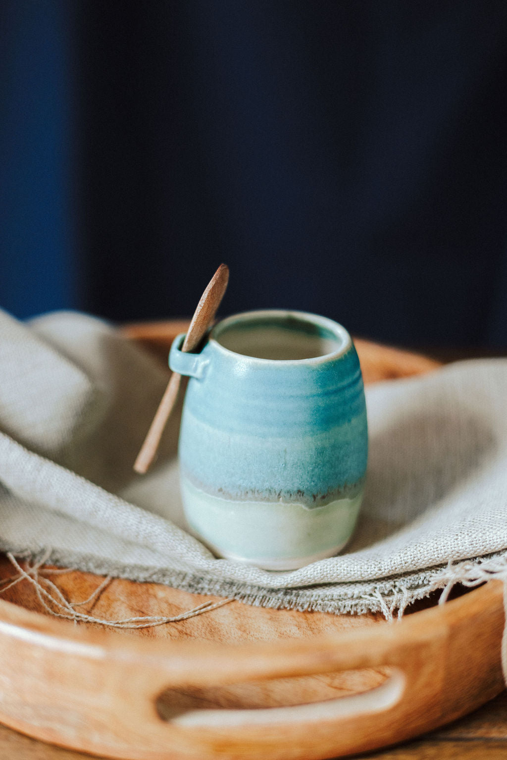 Ceramic handmade sugar bowl & spoon - Glazed in rich sea colours, blues and green