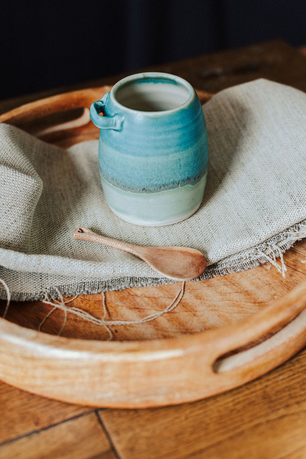 Ceramic handmade sugar bowl & spoon - Glazed in rich sea colours, blues and green