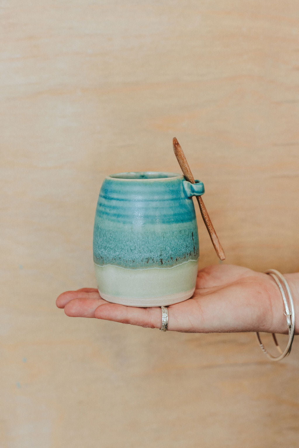 Ceramic handmade sugar bowl & spoon - Glazed in rich sea colours, blues and green