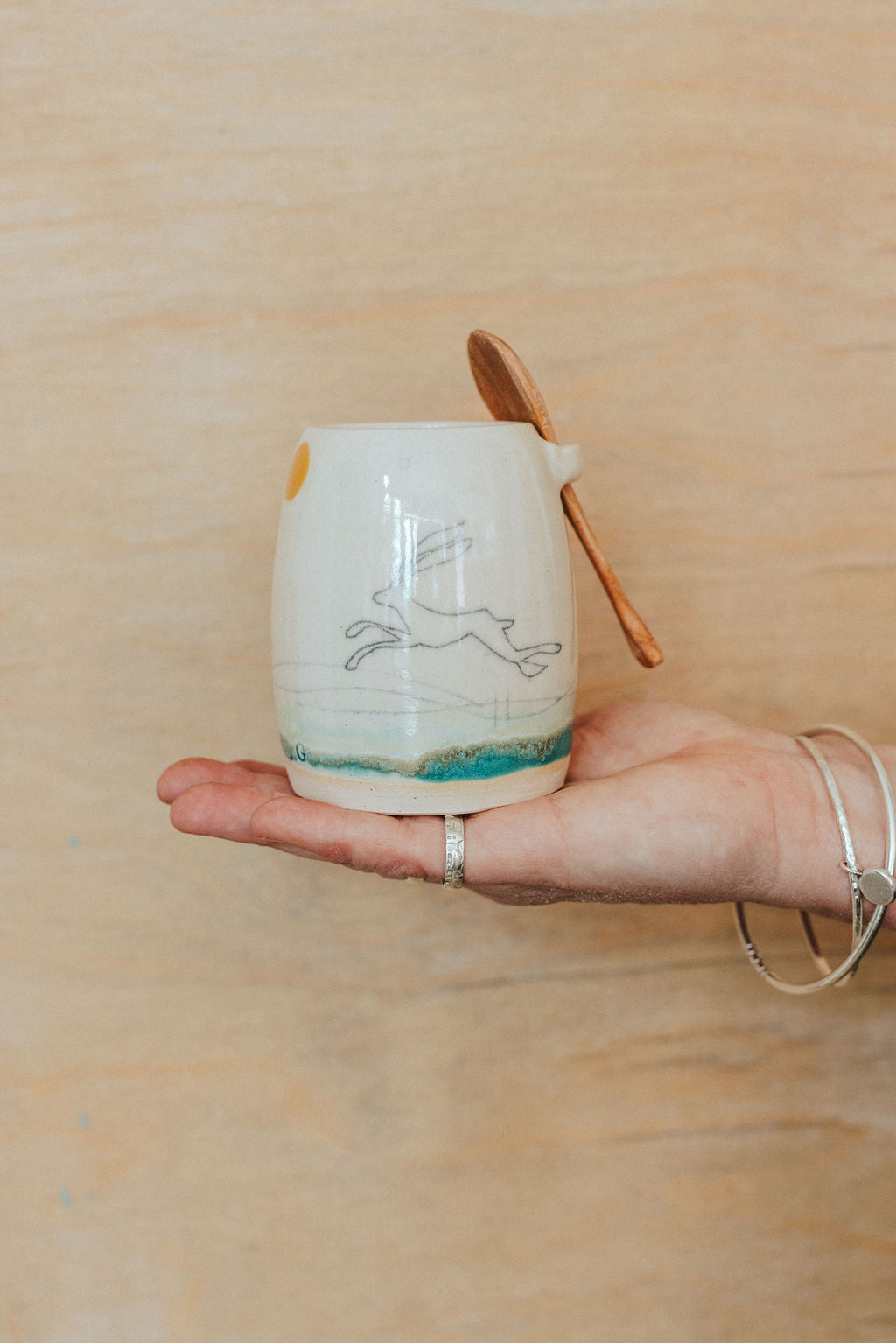 Ceramic handmade sugar bowl & spoon - Hare design