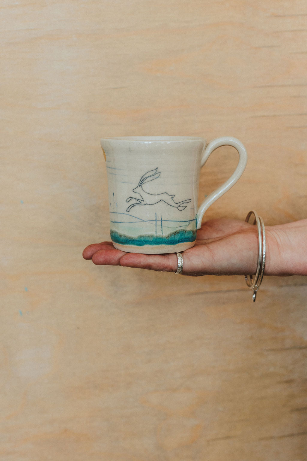 Ceramic handmade stoneware mug - Hare mustard moon design