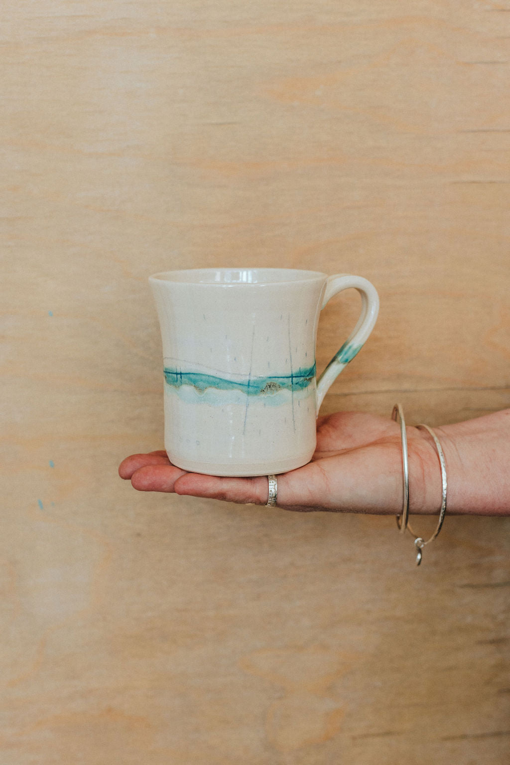 Ceramic handmade stoneware mug - glazed in pale sea inspired colours