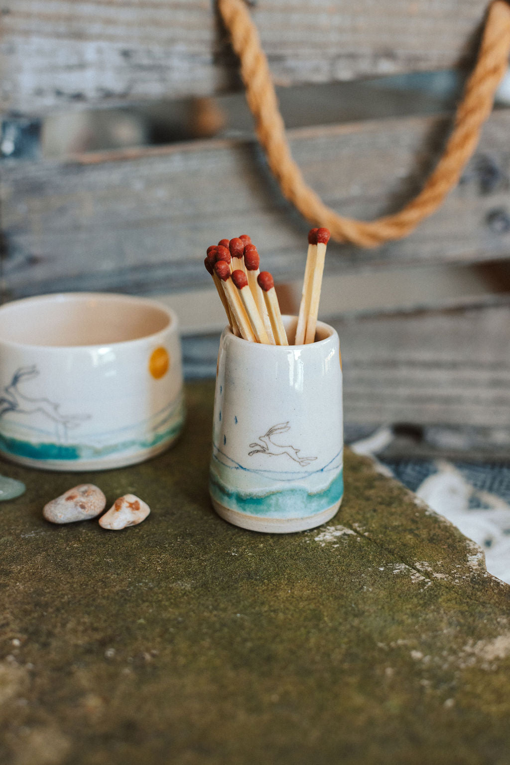 Ceramic handmade striker pot complete with matches - Hare design