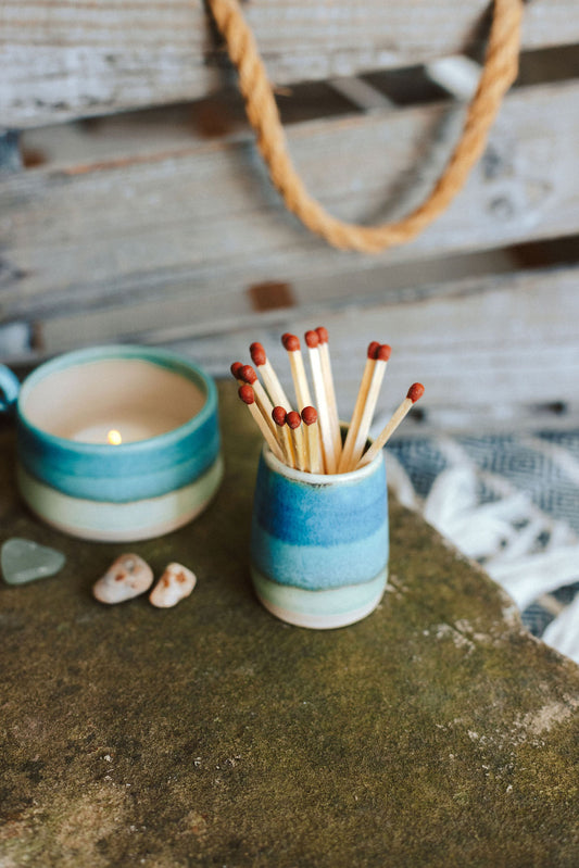 Ceramic handmade striker pot complete with matches - glazed in turquoise and greens