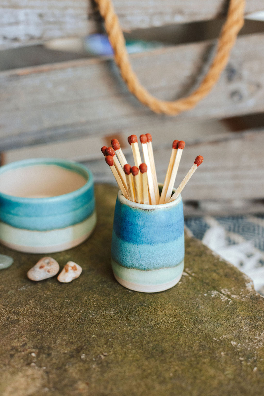 Ceramic handmade striker pot complete with matches - glazed in turquoise and greens