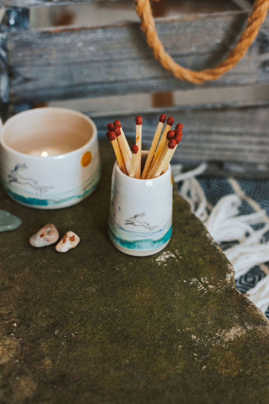 Ceramic handmade striker pot complete with matches - Hare design