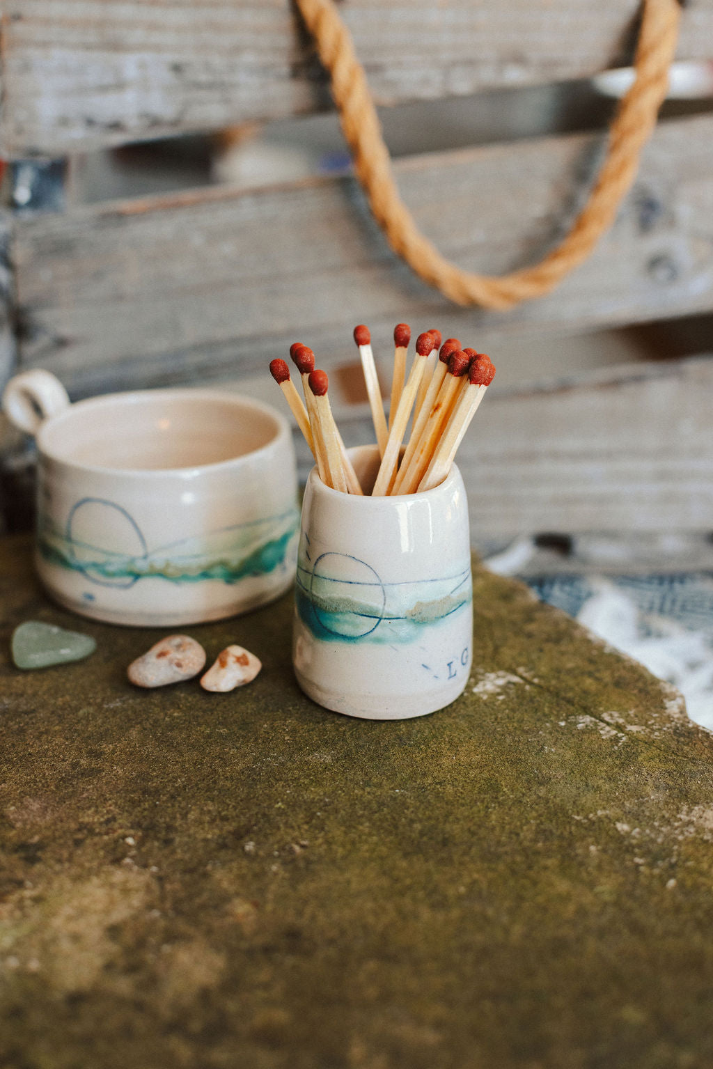 Ceramic handmade striker pot complete with matches - Seascape design