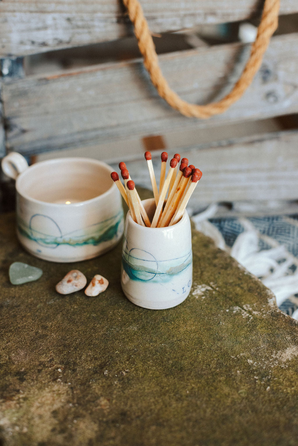 Ceramic handmade tea light cup - Glazed in pale sea colours