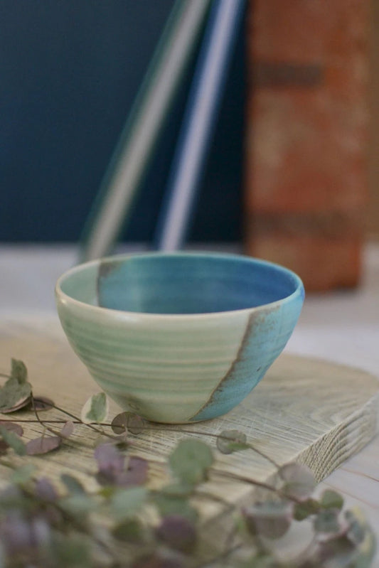 Ceramic handmade olive bowl - glazed in sea colours-blues and turquoise