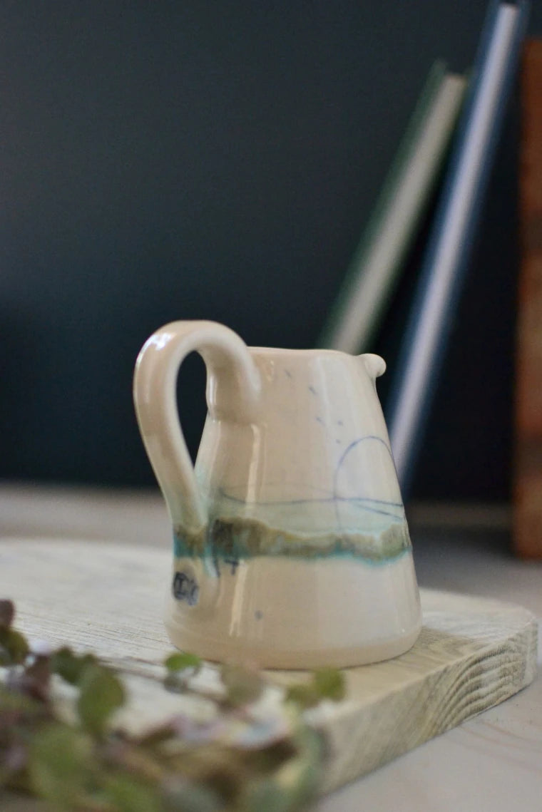 Handmade ceramic small jug - decorated in pale sea coloured glazes