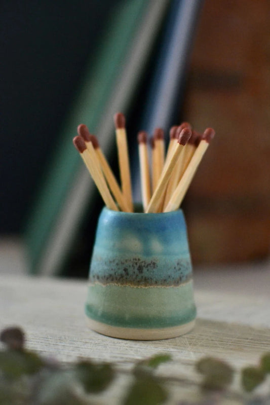 Ceramic handmade striker pot complete with matches - glazed in turquoise and greens