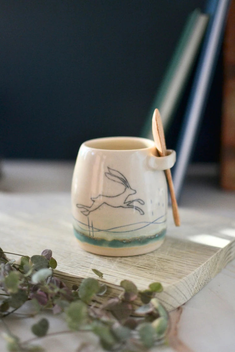Ceramic handmade sugar bowl & spoon - Hare design