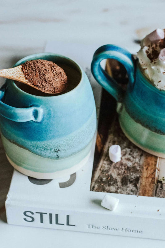Ceramic handmade sugar bowl & spoon - Glazed in rich sea colours, blues and green