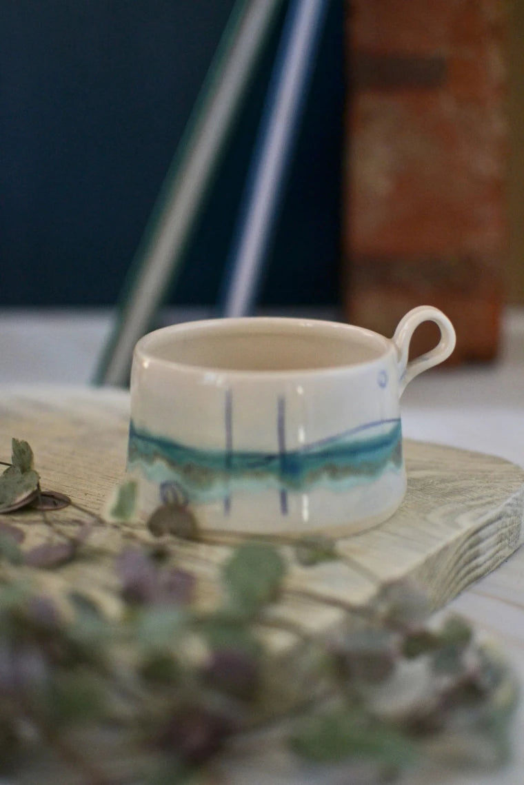 Ceramic handmade tea light cup - Glazed in pale sea colours
