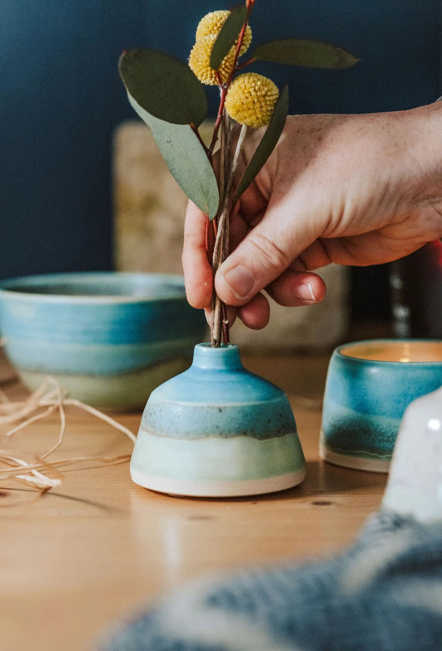 Lorna Gilbert Ceramics handmade ceramic bottle bud vase in turquoise blue and green